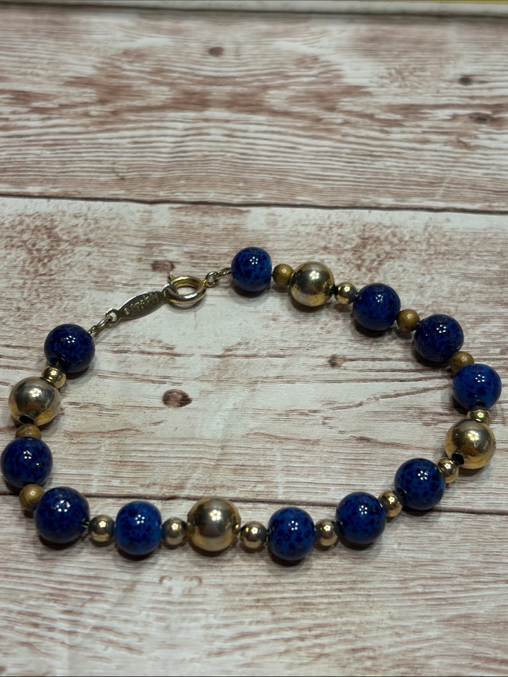 Vintage Napier Lapis Blue and Gold Bead Bracelet 80s 90s